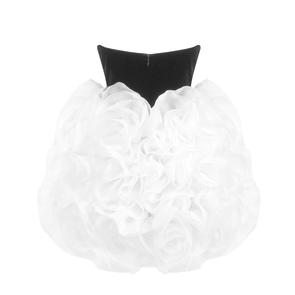 Justina Strapless Black Velvet and 3D Floral White Skirt Mini Dress