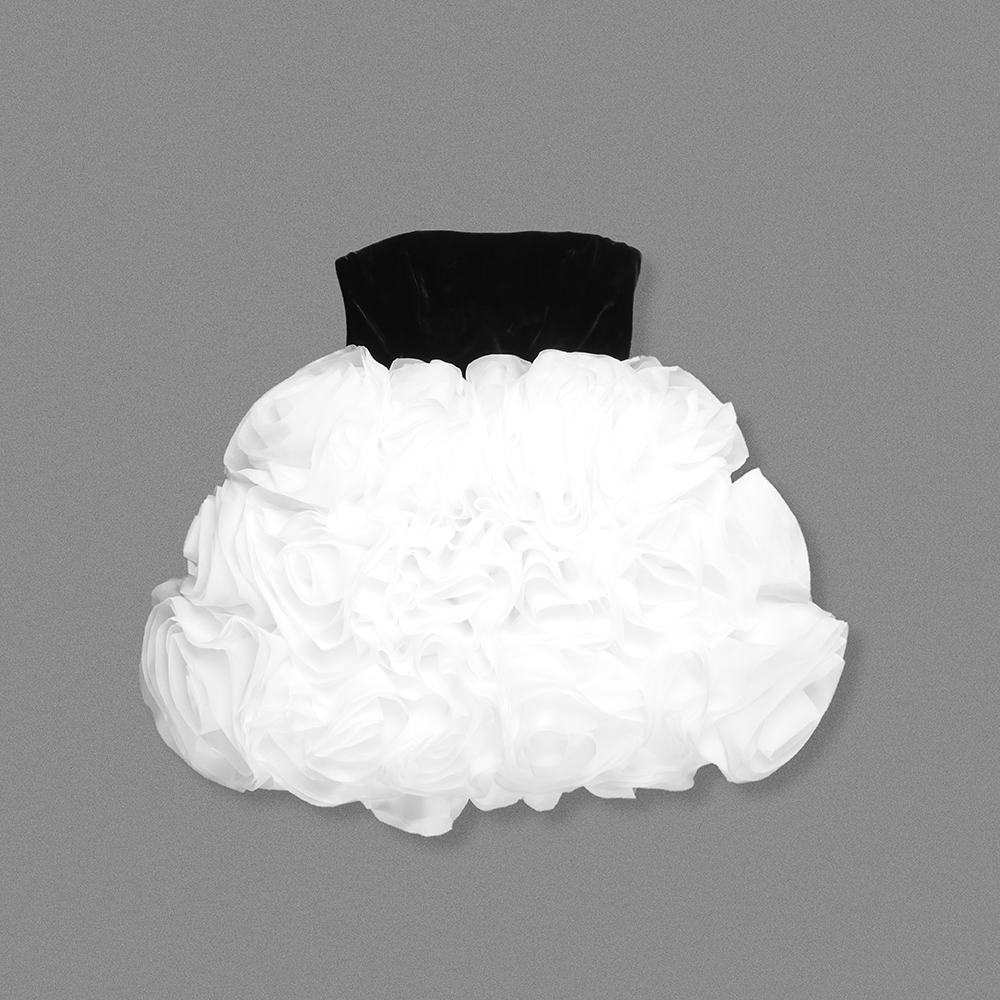 Justina Strapless Black Velvet and 3D Floral White Skirt Mini Dress