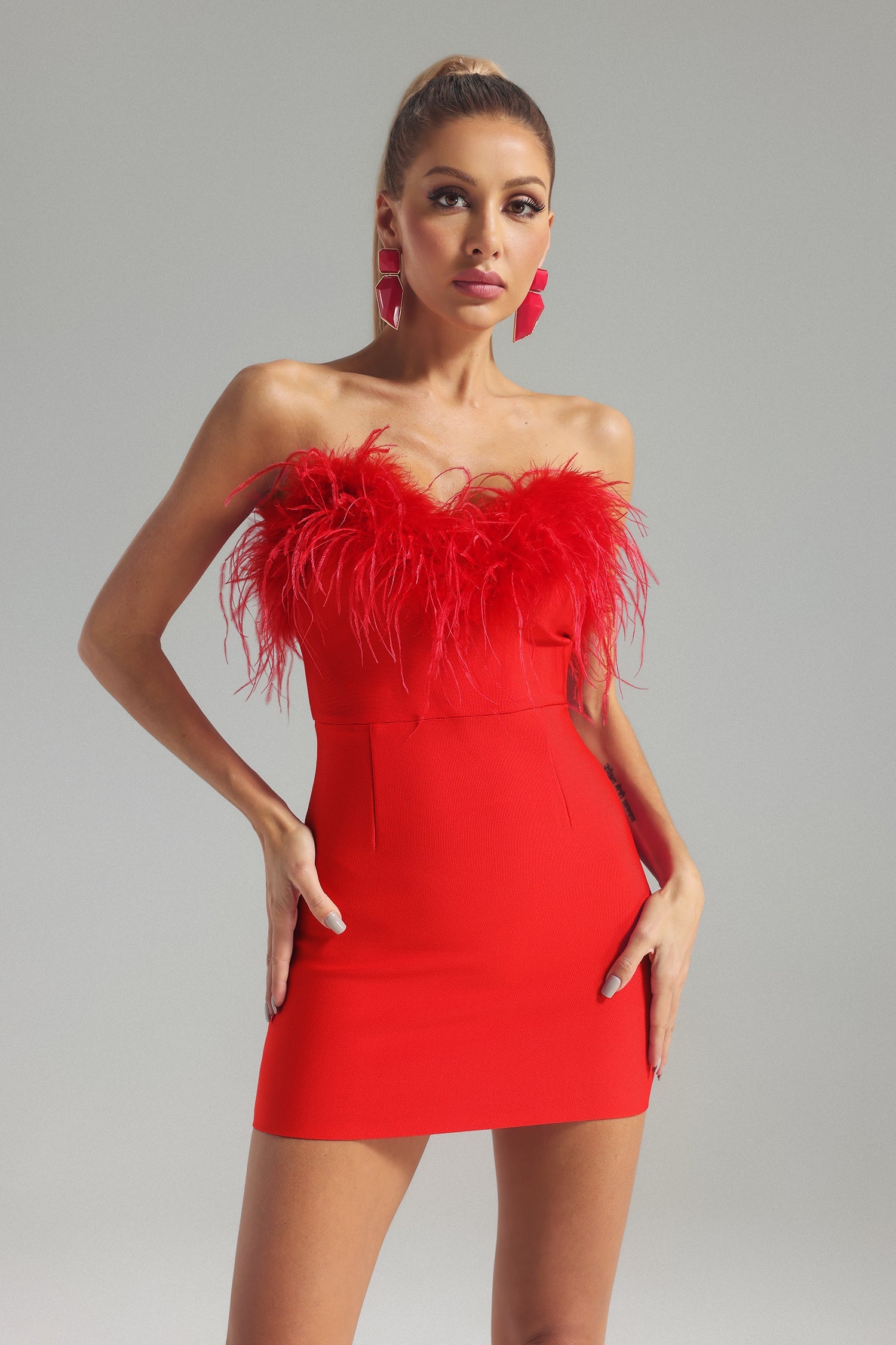 Elisa Strapless Sweetheart Neck Feather Trim Mini Bandage Dress