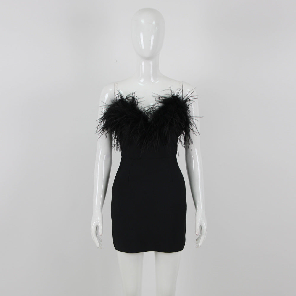 Elisa Strapless Sweetheart Neck Feather Trim Mini Bandage Dress