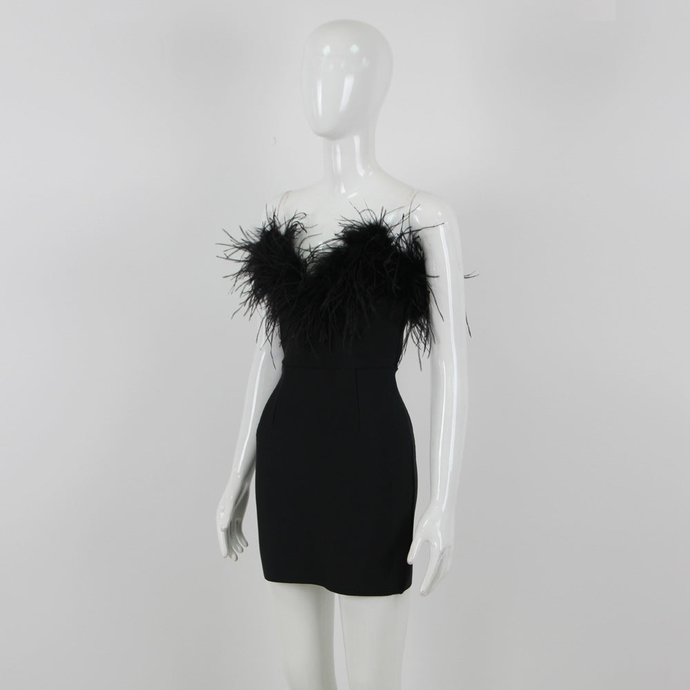 Elisa Strapless Sweetheart Neck Feather Trim Mini Bandage Dress