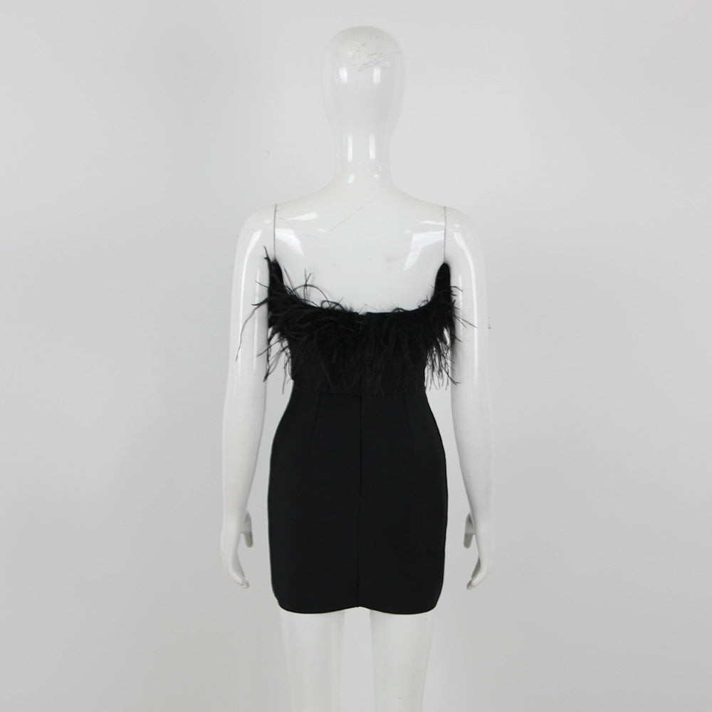 Elisa Strapless Sweetheart Neck Feather Trim Mini Bandage Dress