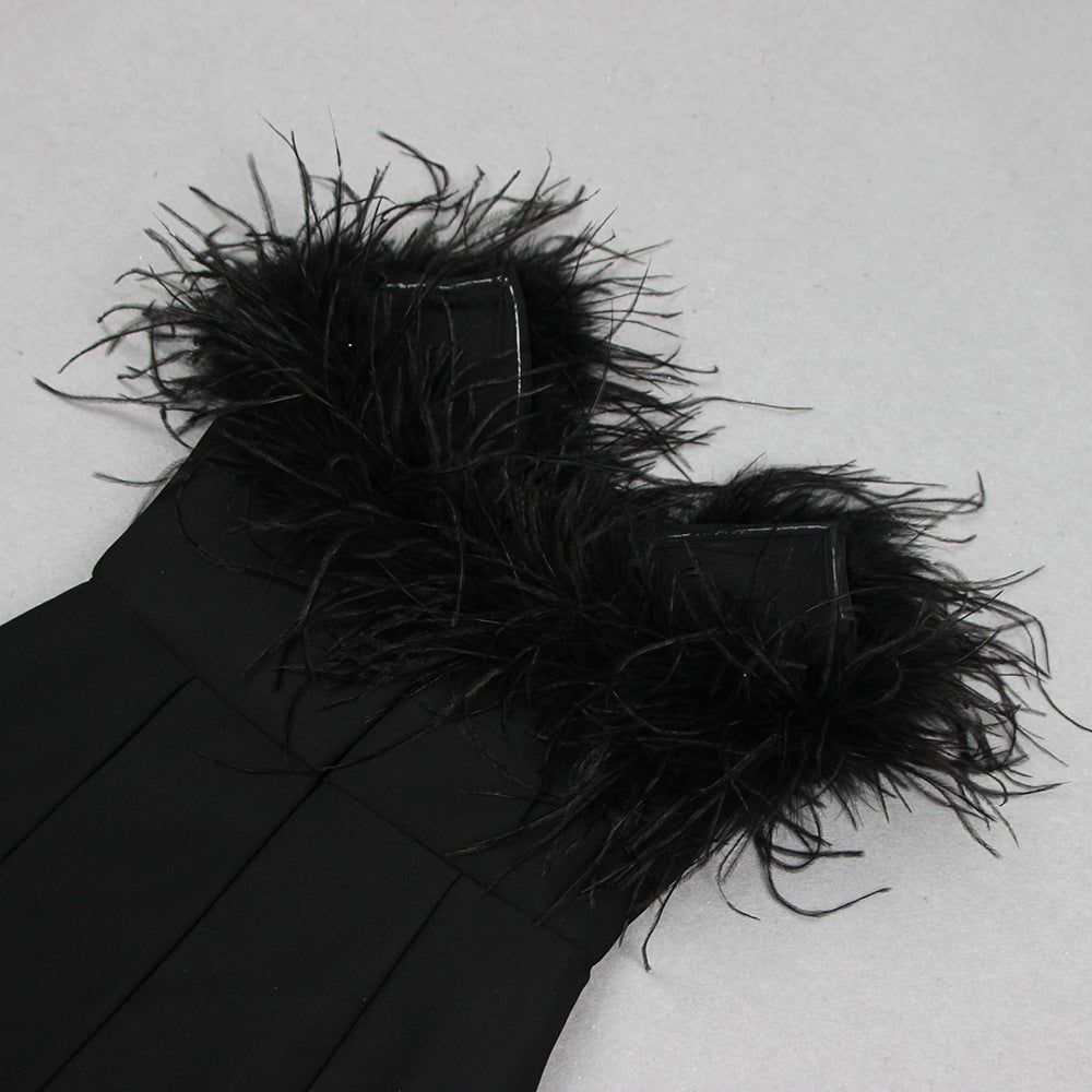 Elisa Strapless Sweetheart Neck Feather Trim Mini Bandage Dress