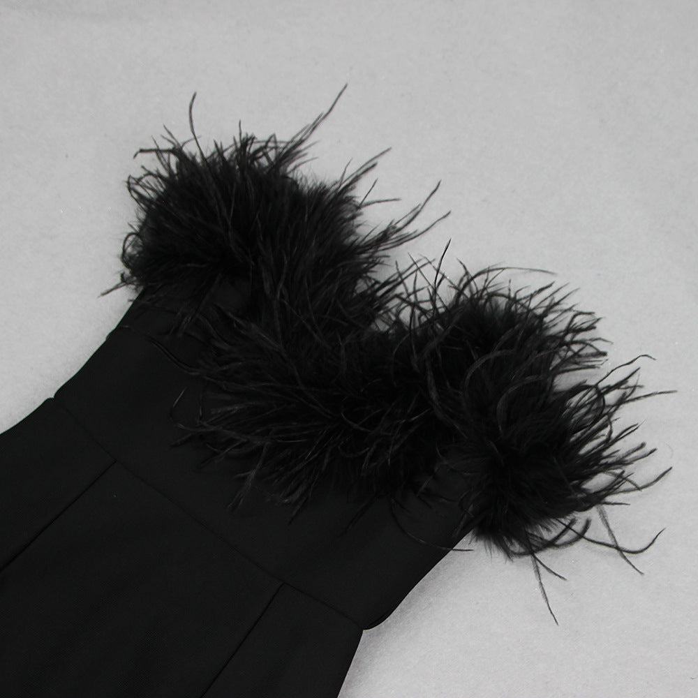 Elisa Strapless Sweetheart Neck Feather Trim Mini Bandage Dress