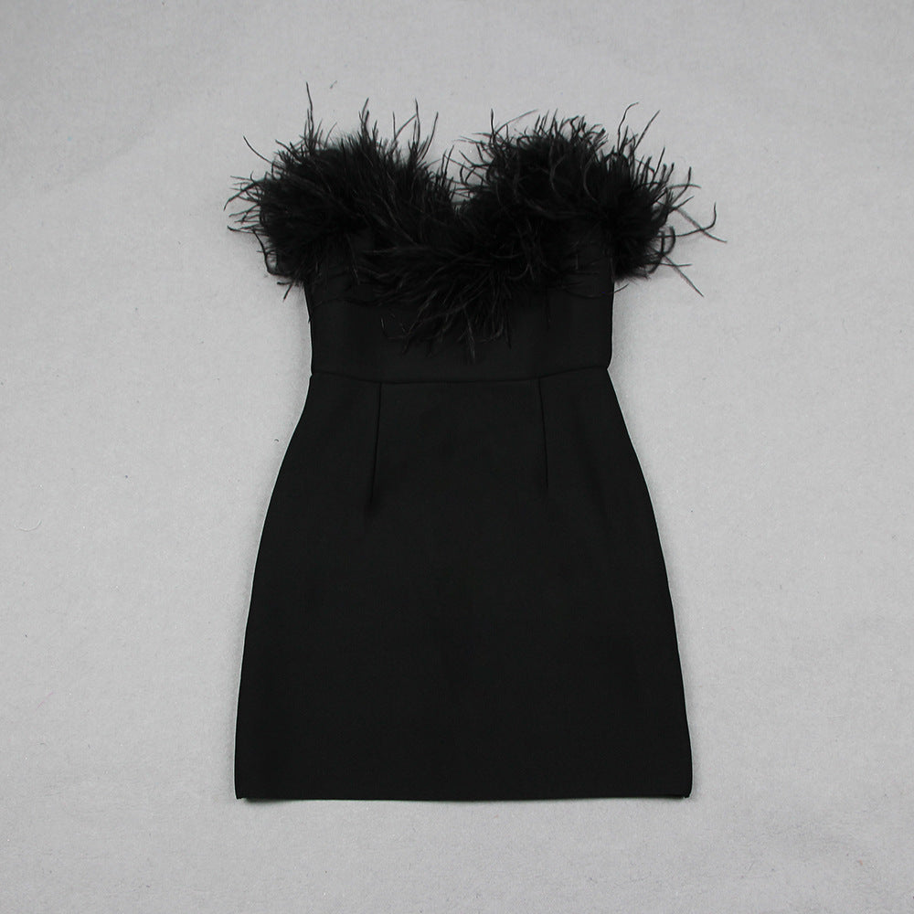 Elisa Strapless Sweetheart Neck Feather Trim Mini Bandage Dress