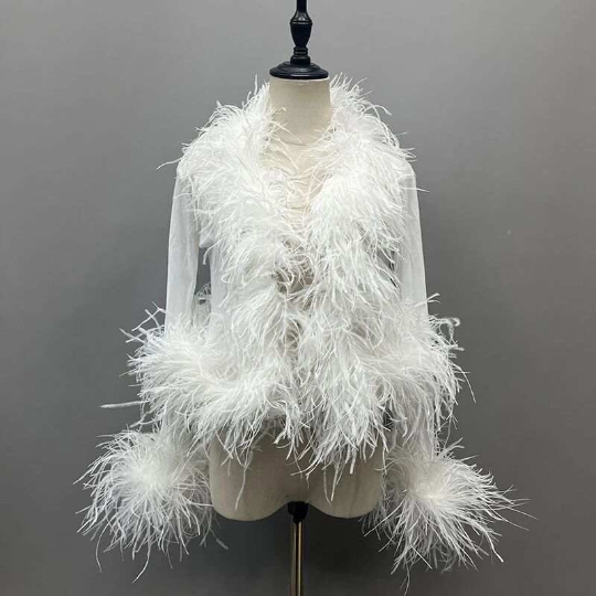 Cassie Sheer Long Sleeve Cardigan with Feather Collar and Sleeve Trim