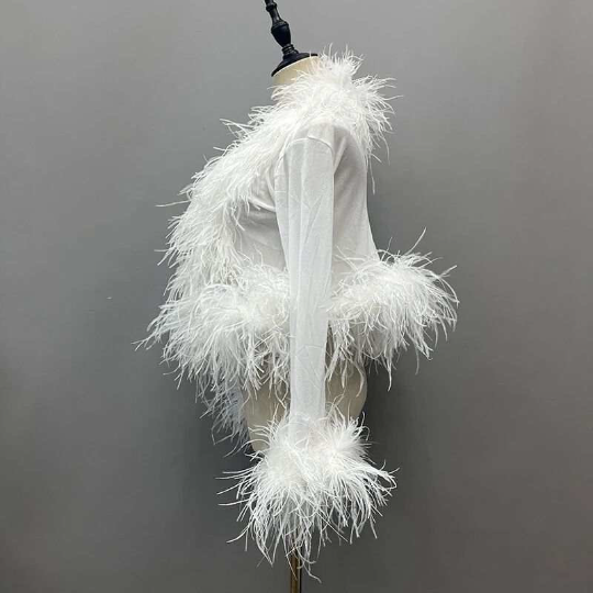 Cassie Sheer Long Sleeve Cardigan with Feather Collar and Sleeve Trim