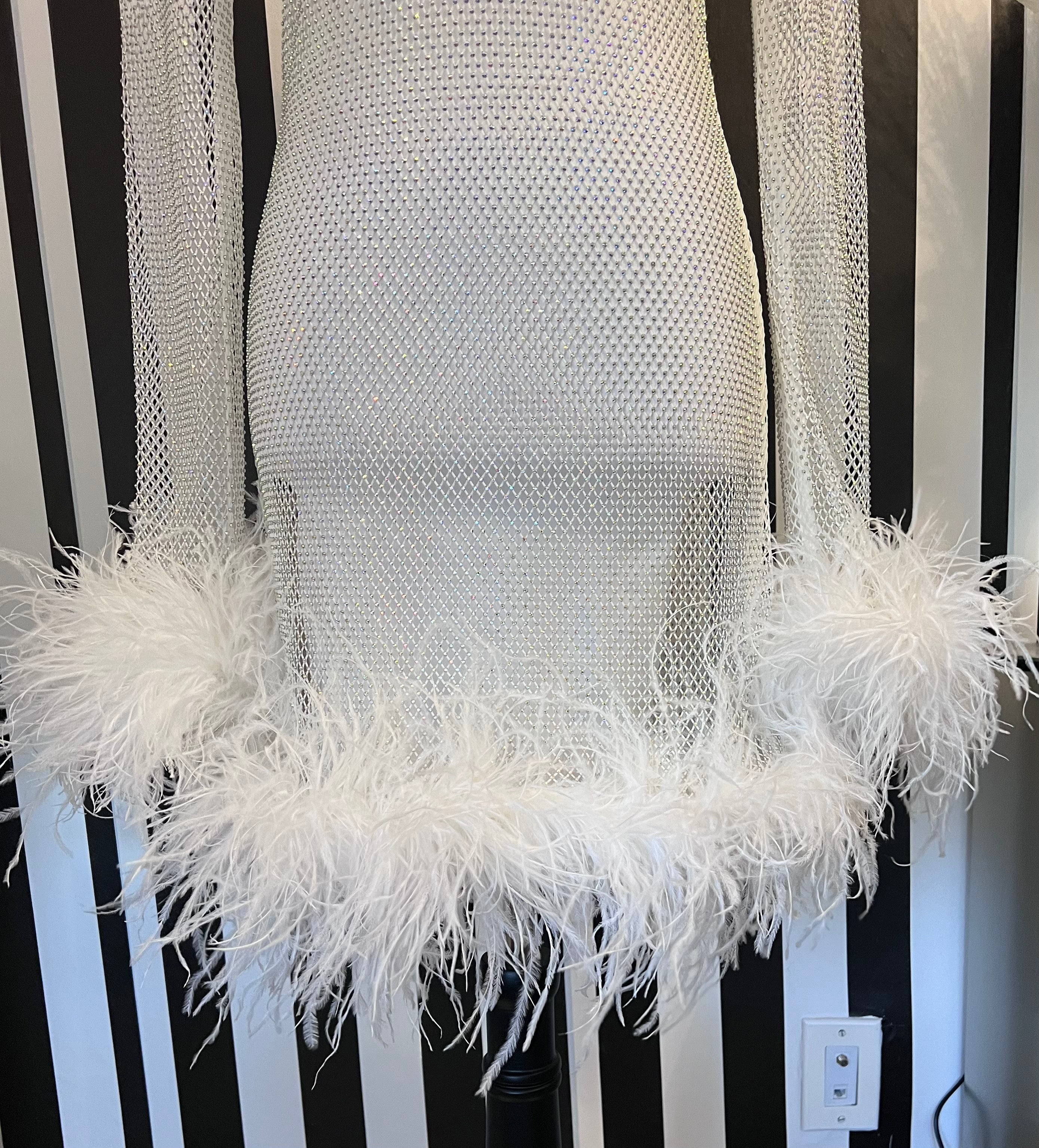 Hartford White Rhinestone Mesh Feather Trim Mini Dress