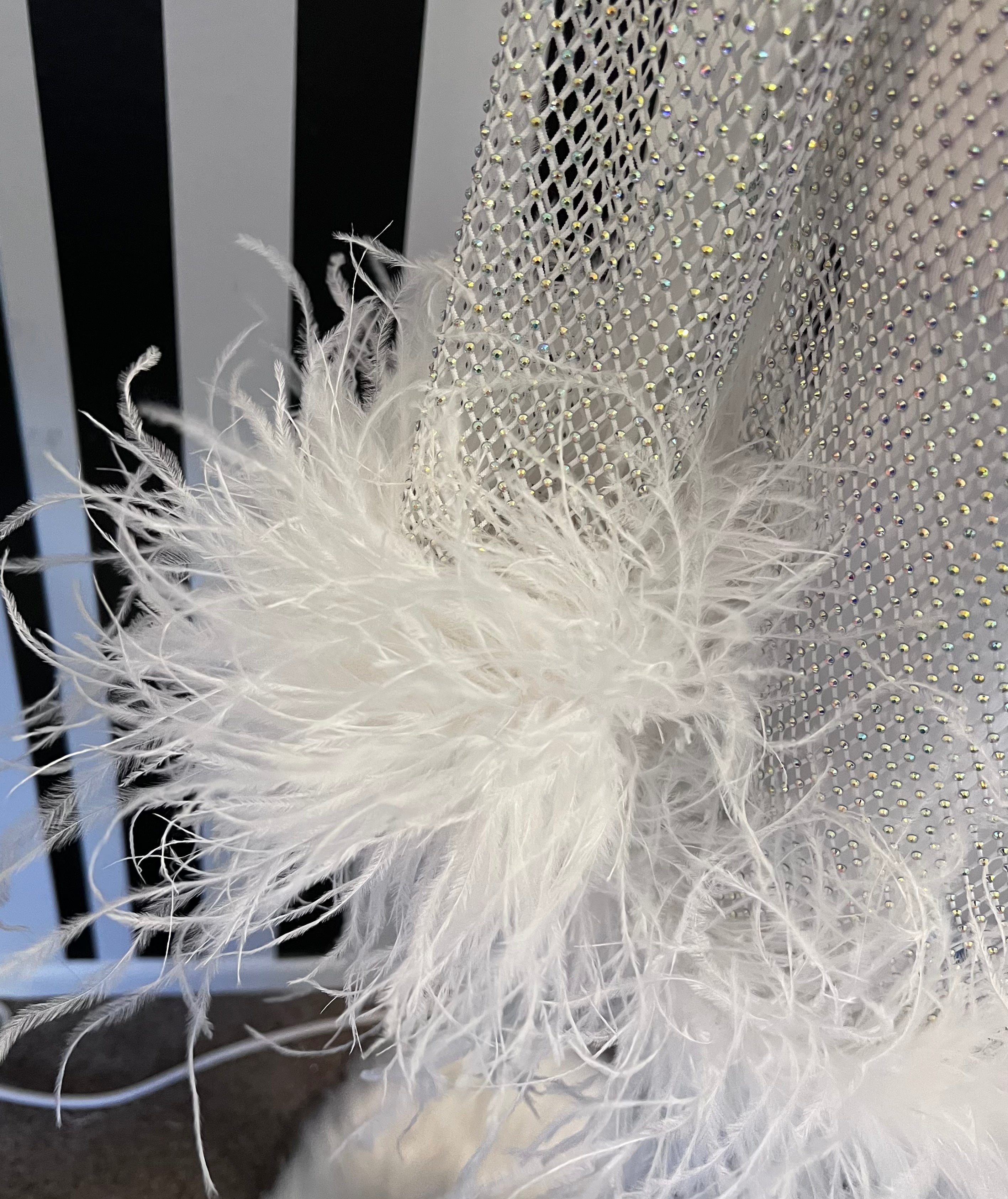 Hartford White Rhinestone Mesh Feather Trim Mini Dress