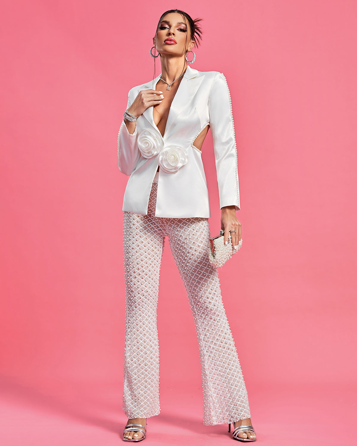 Amber White Satin 3D Rose Cutout Back Blazer and Pearl Mesh Pant Set