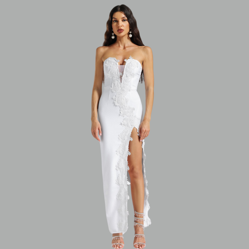 Madlyn White Strapless Flower Trim High Slit Maxi Bandage Dress