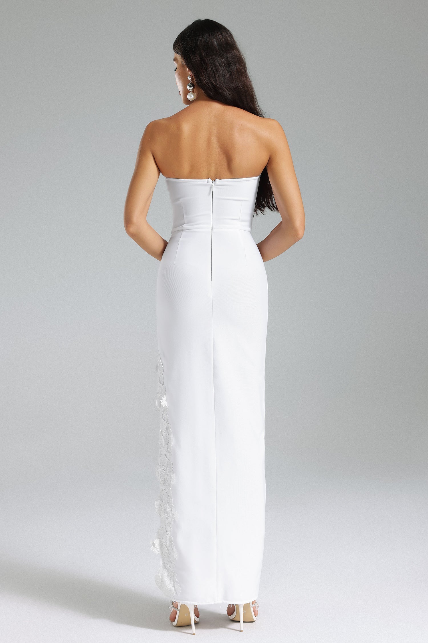 Madlyn White Strapless Flower Trim High Slit Maxi Bandage Dress
