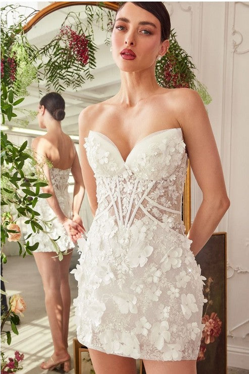Shierah White Strapless Pointed Bodice Mesh Corset Floral Applique Mini Dress
