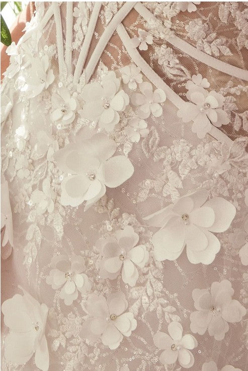 Shierah White Strapless Pointed Bodice Mesh Corset Floral Applique Mini Dress