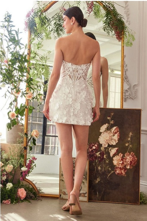 Shierah White Strapless Pointed Bodice Mesh Corset Floral Applique Mini Dress