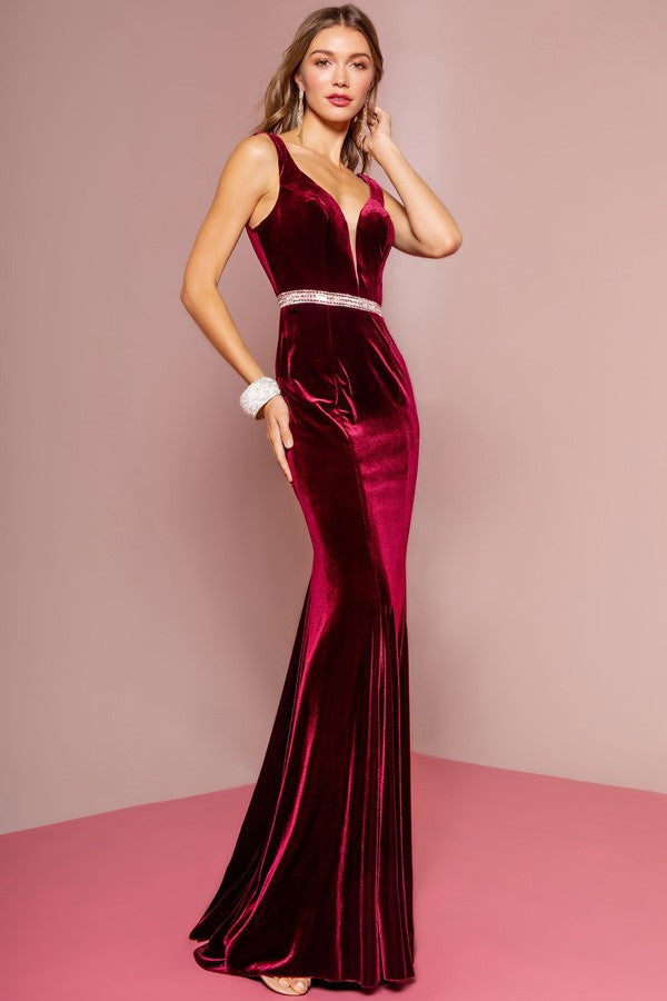 Tierna Velvet Sleeveless Deep V Rhinestone Trim Gown