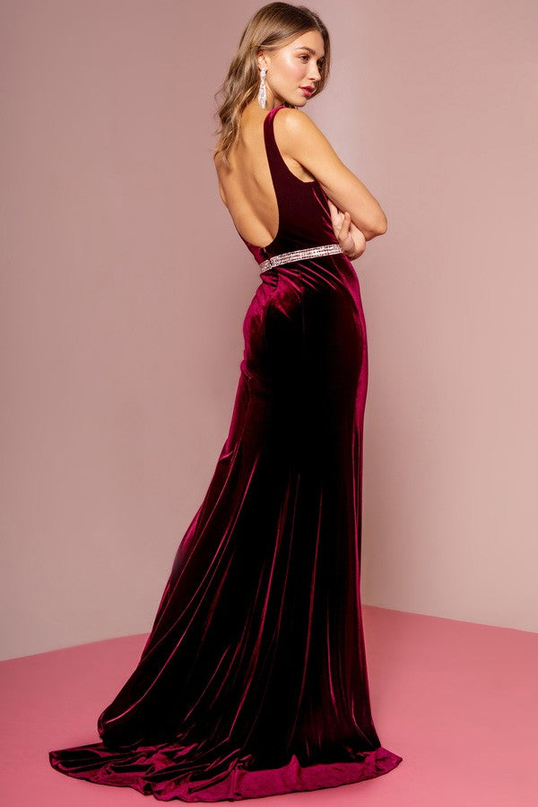 Tierna Velvet Sleeveless Deep V Rhinestone Trim Gown