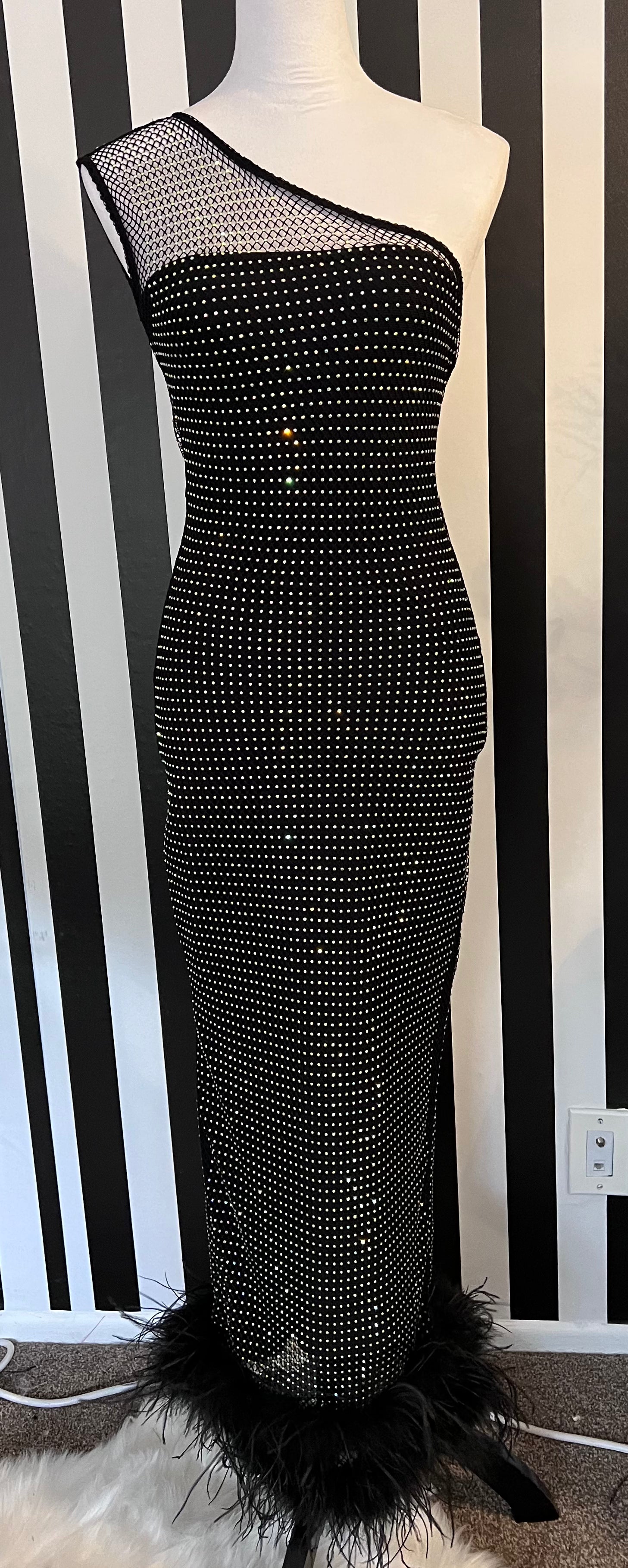 Janae One Shoulder Rhinestone Mesh Midi Dress with Feather Trim