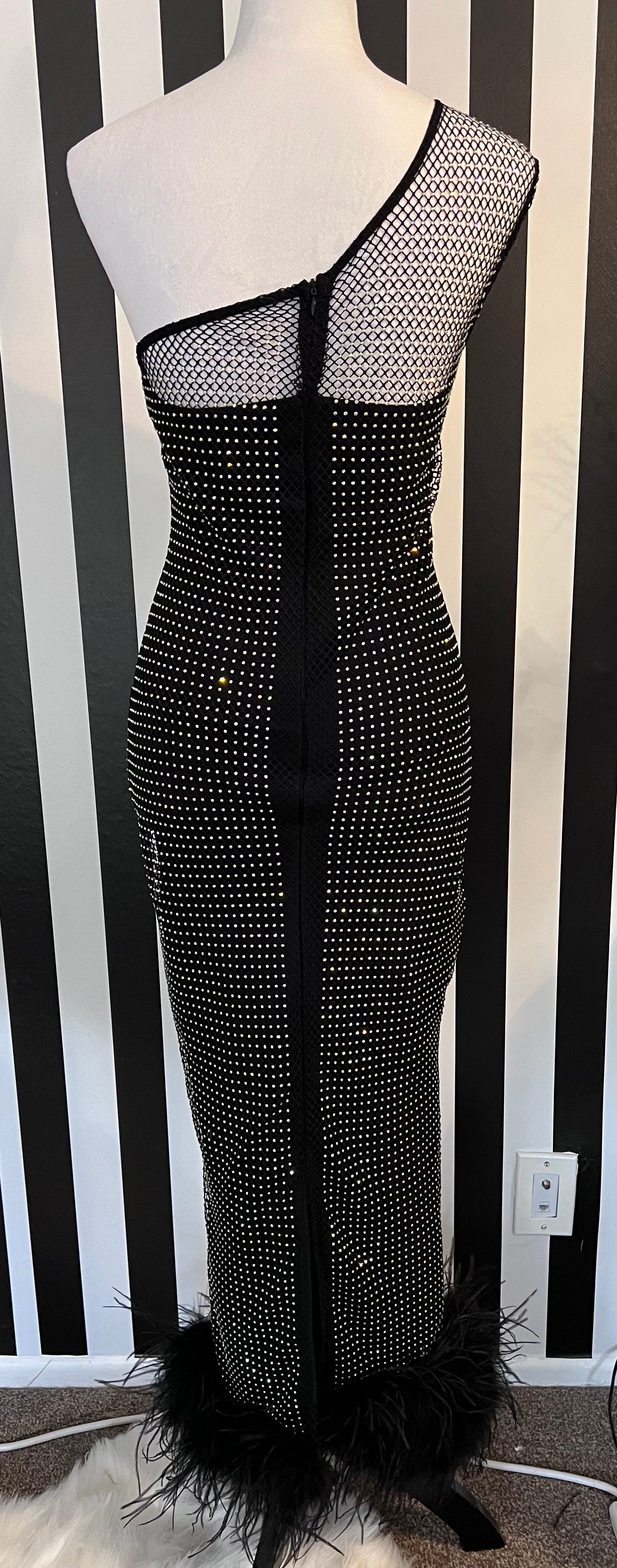 Janae One Shoulder Rhinestone Mesh Midi Dress with Feather Trim