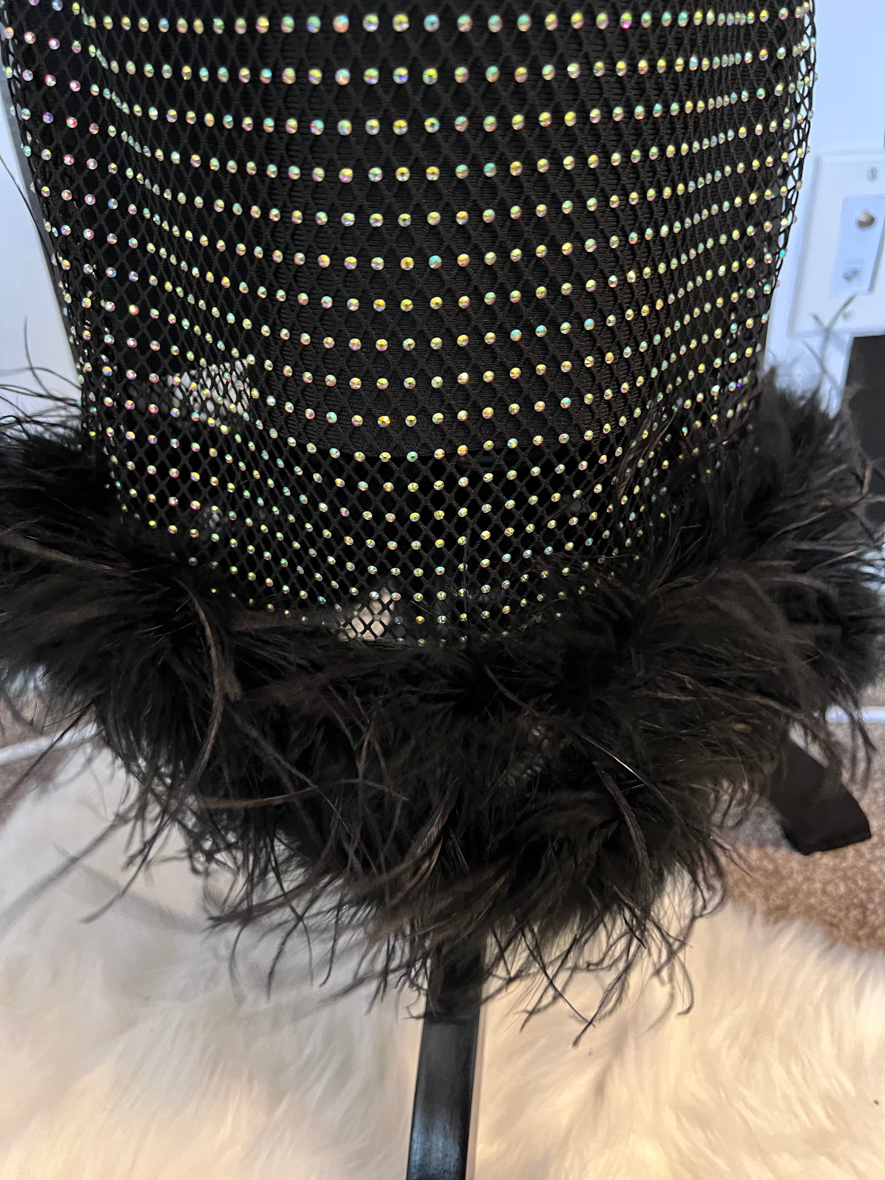 Janae One Shoulder Rhinestone Mesh Midi Dress with Feather Trim