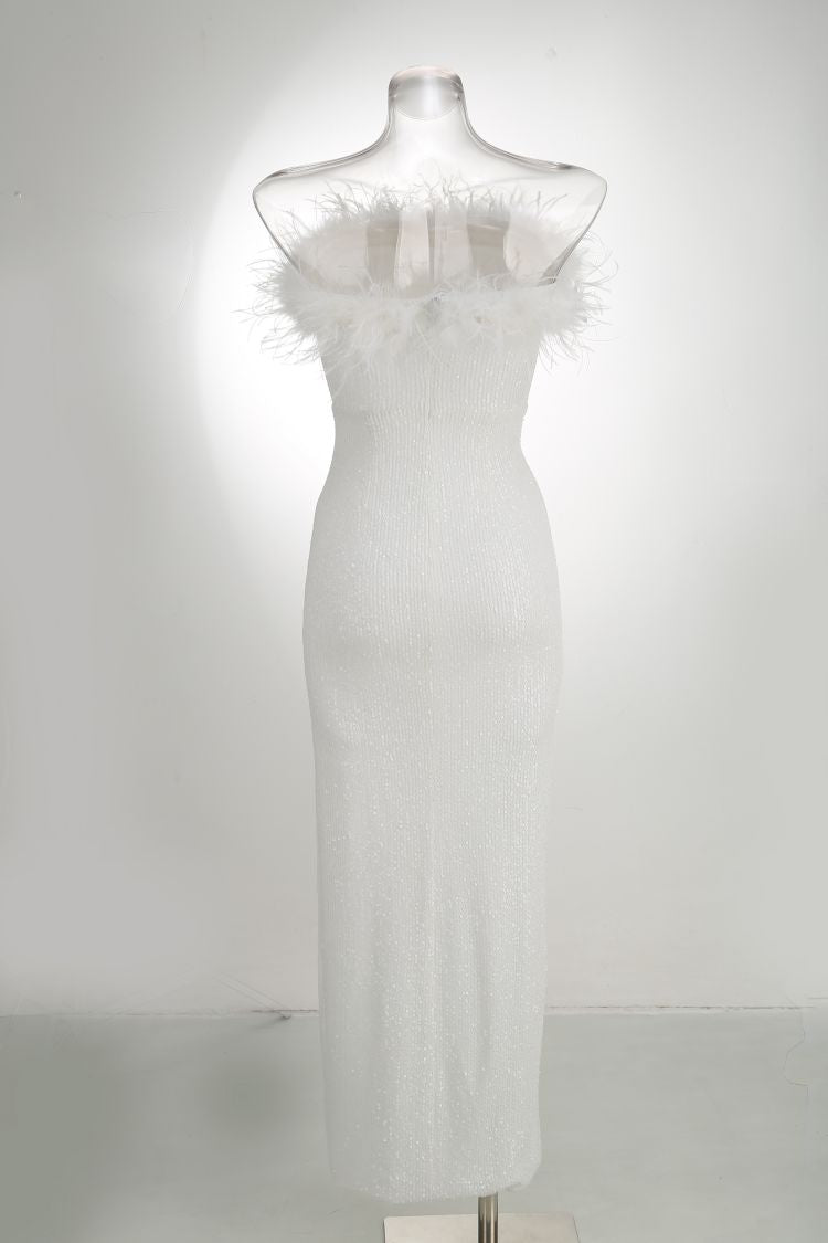 Anya White Sequin Maxi Dress with Feather Trim - Ever Chic Fashions