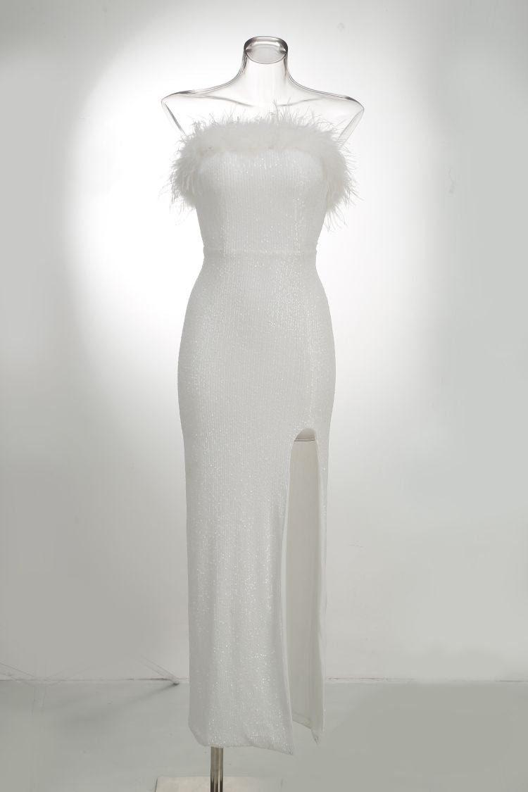 Anya White Sequin Maxi Dress with Feather Trim - Ever Chic Fashions