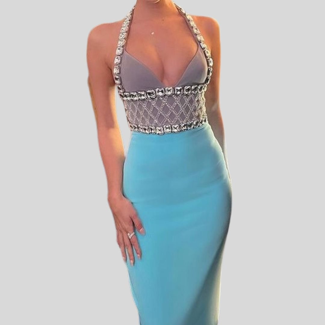 Avery Mauve and Teal Crystal and Sequin Trim Maxi Bodycon Dress