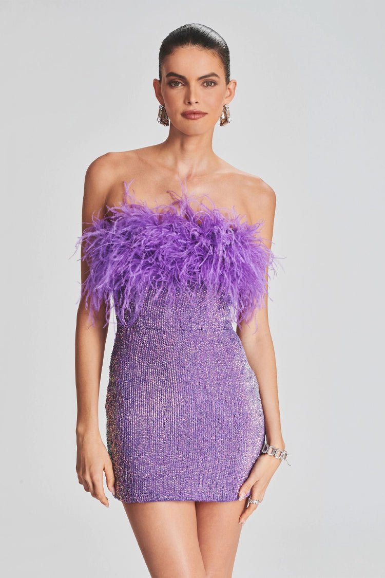 Brea Sequin Mini Dress with Feather Trim - Ever Chic Fashions