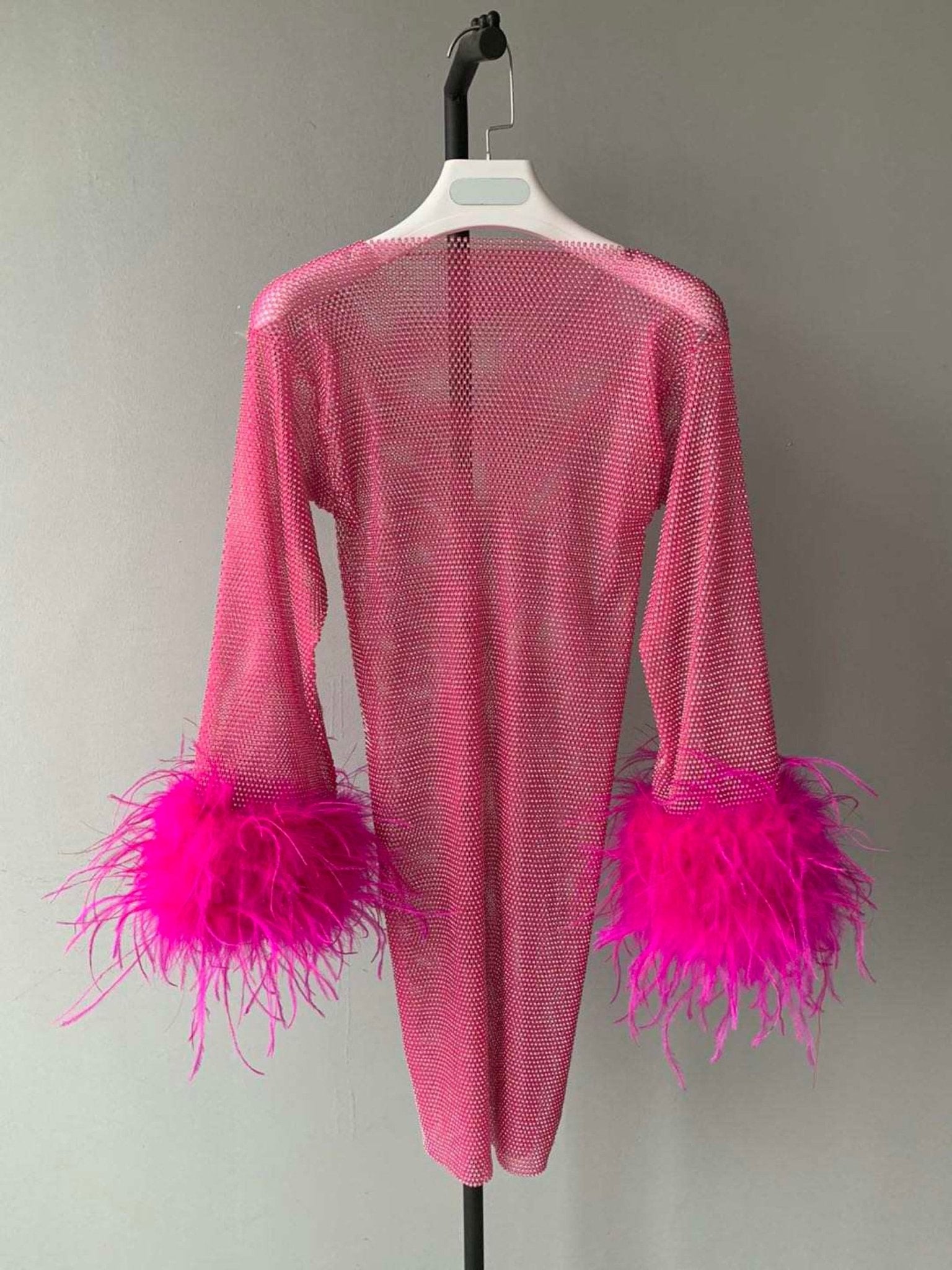 Chaya Mesh Rhinestone Mini Dress with Full Feather Trim - Ever Chic Fashions