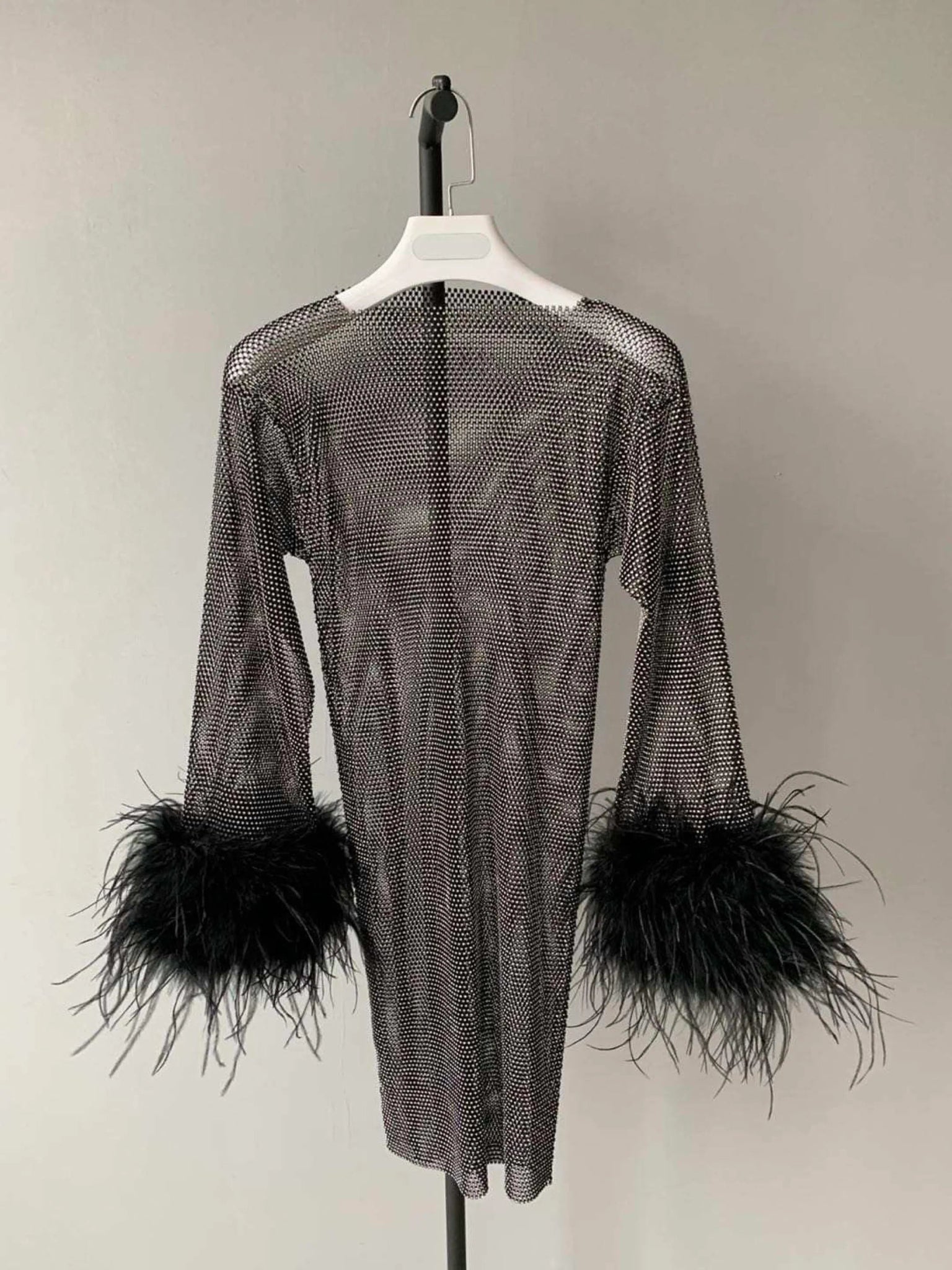 Chaya Mesh Rhinestone Mini Dress with Full Feather Trim - Ever Chic Fashions