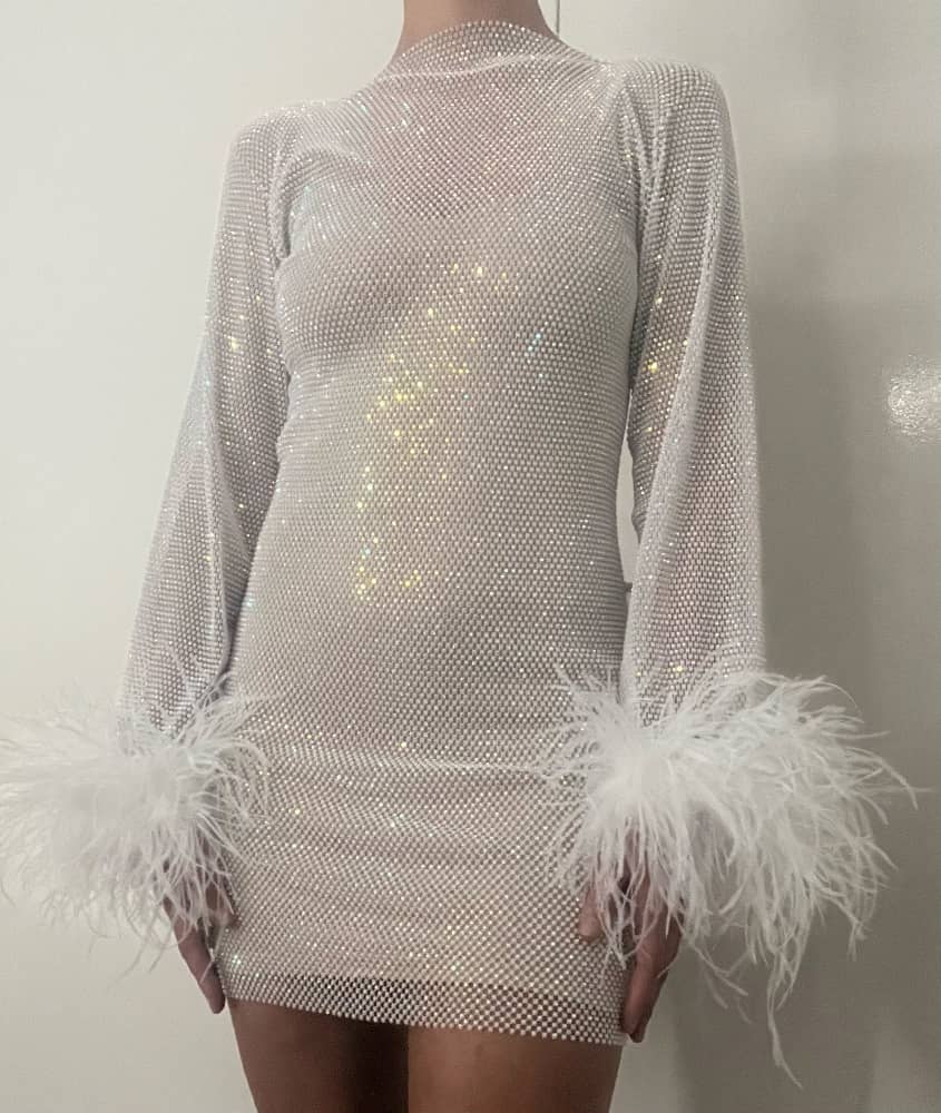 Chaya Mesh Rhinestone Mini Dress with Full Feather Trim - Ever Chic Fashions