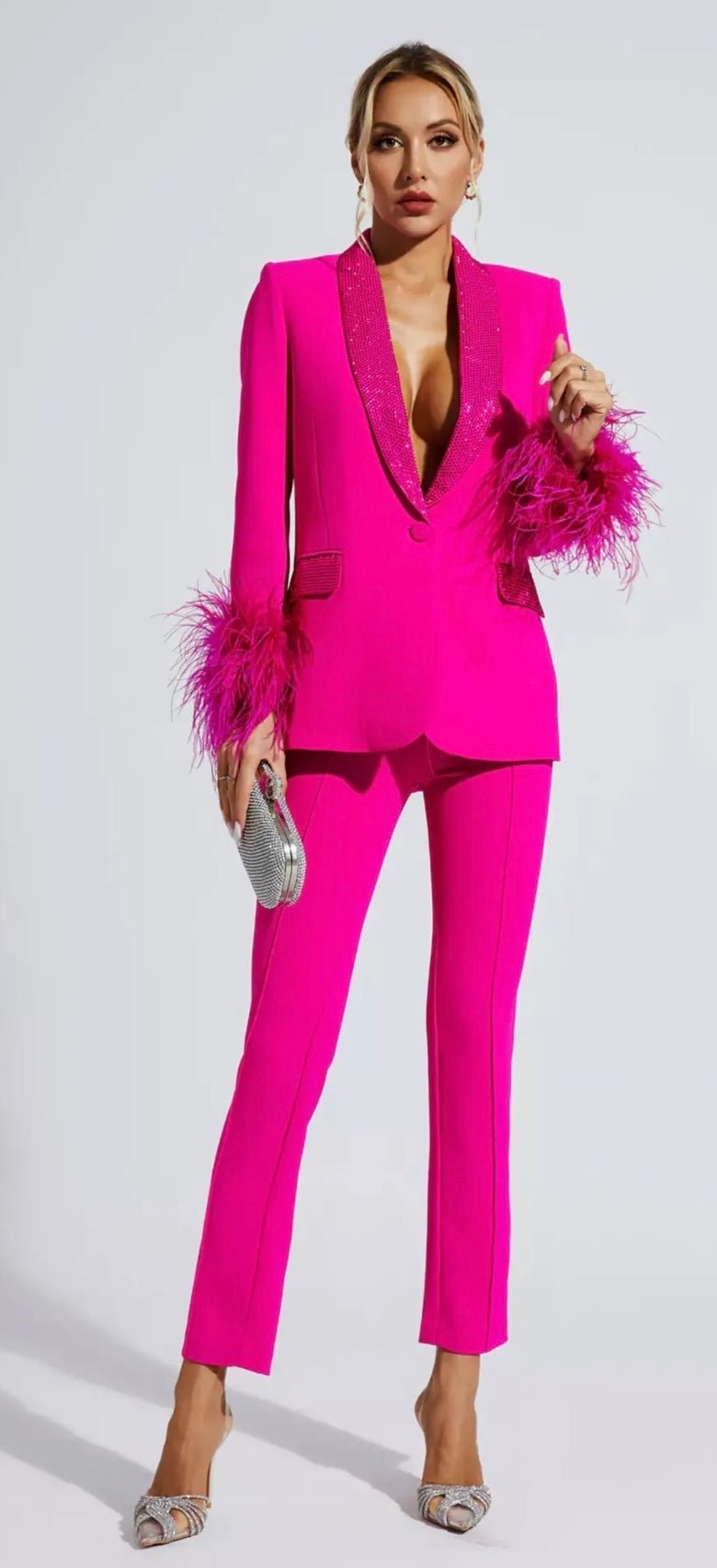 Cinda Fuchsia Rhinestone and Feather Embellished Blazer and Pant Set - Ever Chic Fashions