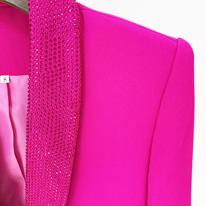 Cinda Fuchsia Rhinestone and Feather Embellished Blazer and Pant Set - Ever Chic Fashions