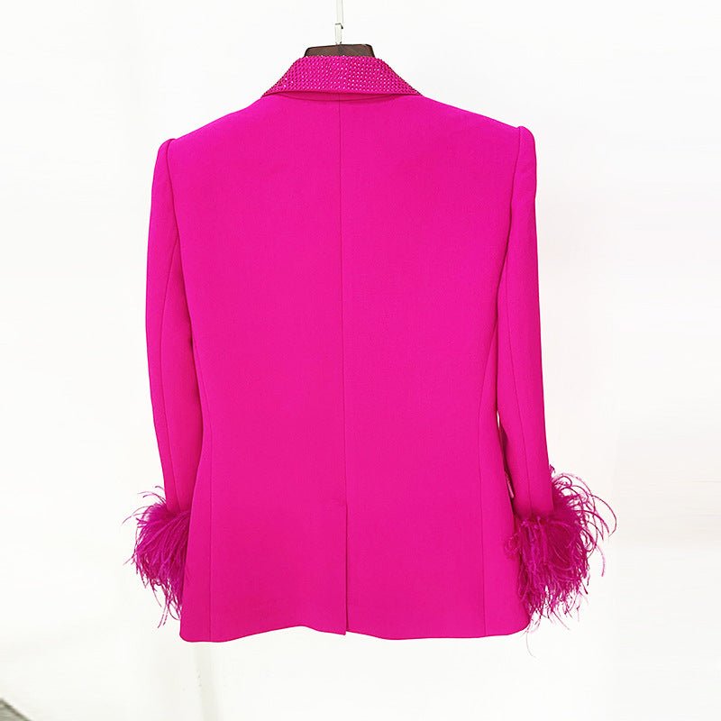 Cinda Fuchsia Rhinestone and Feather Embellished Blazer and Pant Set - Ever Chic Fashions