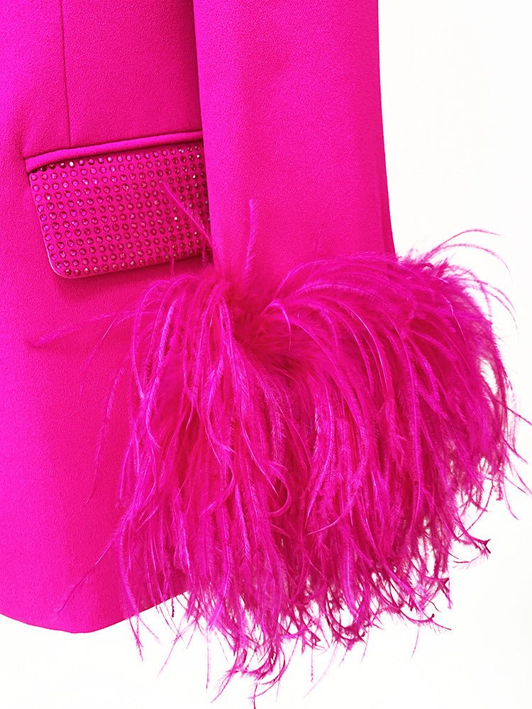 Cinda Fuchsia Rhinestone and Feather Embellished Blazer and Pant Set - Ever Chic Fashions