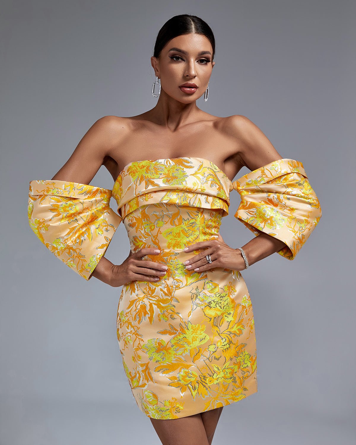 Delilah Off the Shoulder Floral Print Jacquard Mini Dress