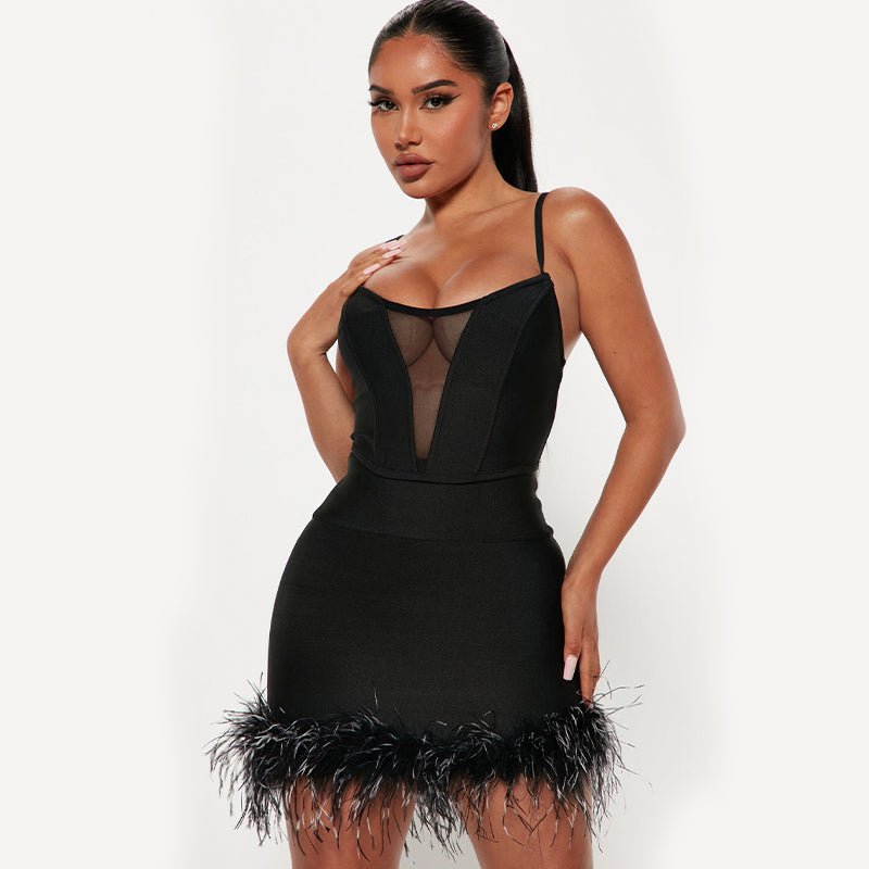 Delmi Bandage Crop Top and Feather Trim Mini Skirt