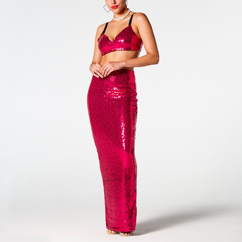 Eastyn Pink Rose Sequin Bralette and Maxi Skirt Set