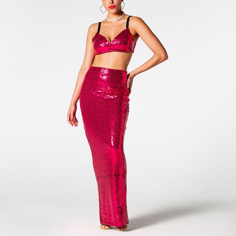 Eastyn Pink Rose Sequin Bralette and Maxi Skirt Set