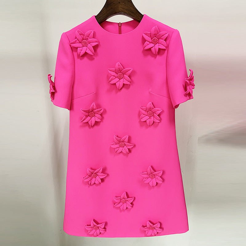 Eliza Floral Appliqué Fuchsia Short Sleeve Mini Dress