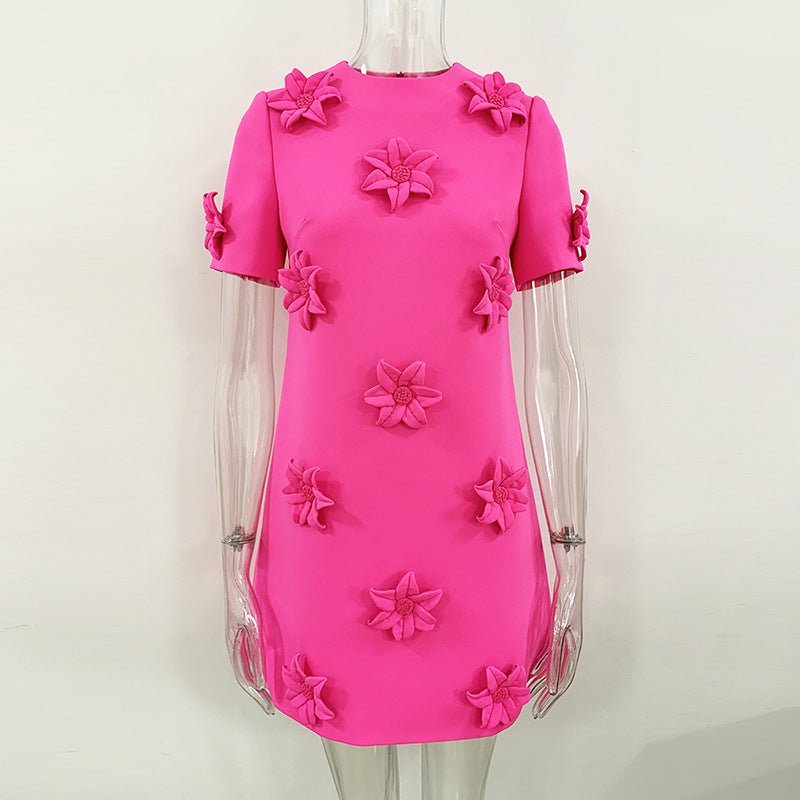 Eliza Floral Appliqué Fuchsia Short Sleeve Mini Dress - Ever Chic Fashions