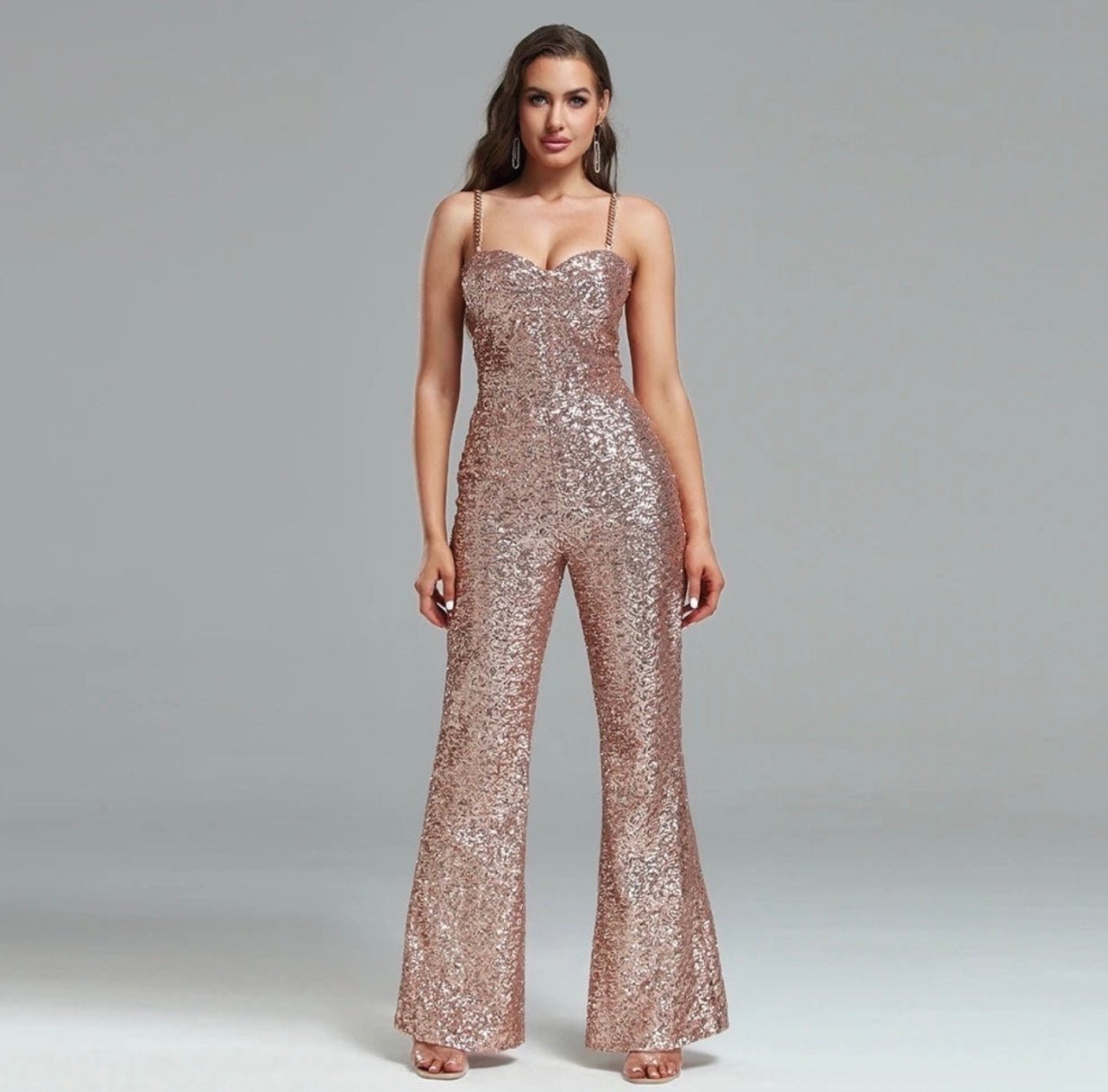 Ellery Rose Gold Sequin Jumpsuit with Chain Strap Detail