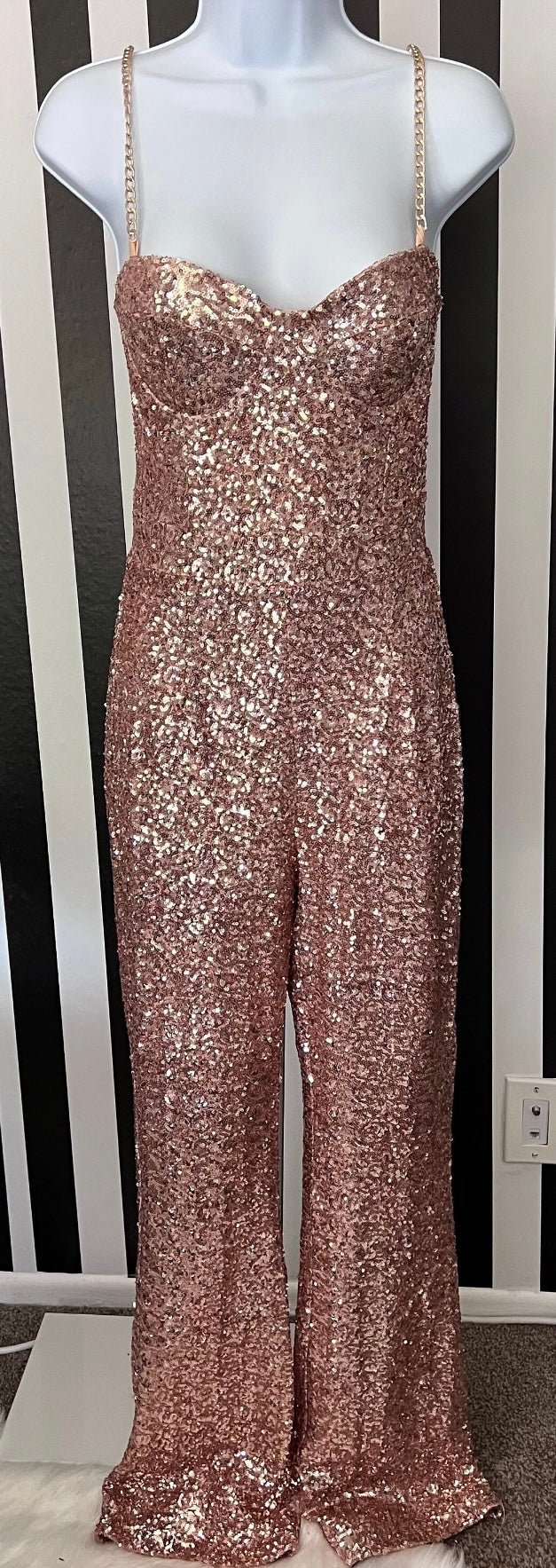 Ellery Gold Sequin Jumpsuit with Chain Strap Detail - Ever Chic Fashions