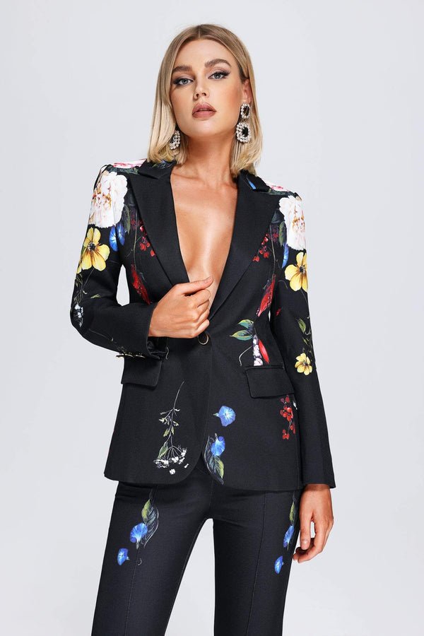 Finley Black Floral Blazer and Pant Suit