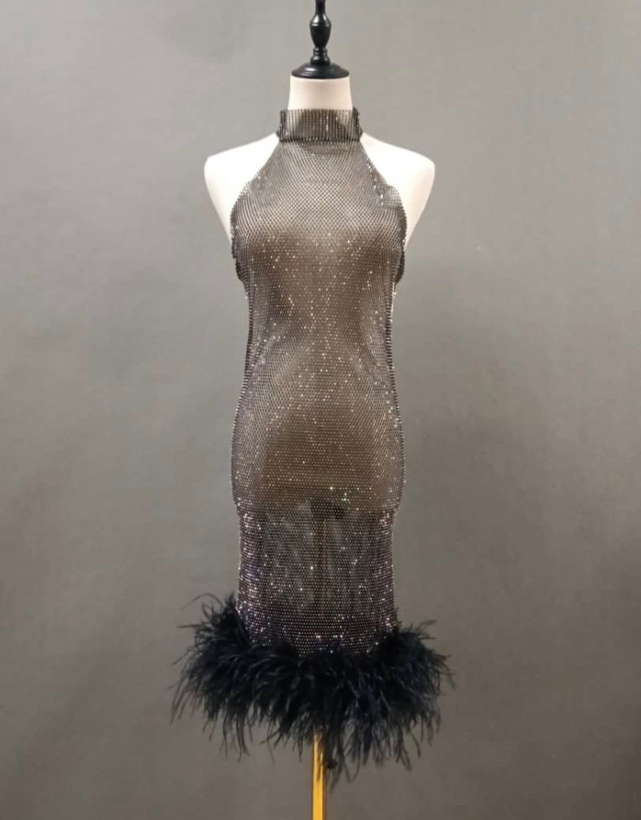 Inaya Rhinestone Mesh Halter Midi Dress with Feather Trim - Ever Chic Fashions