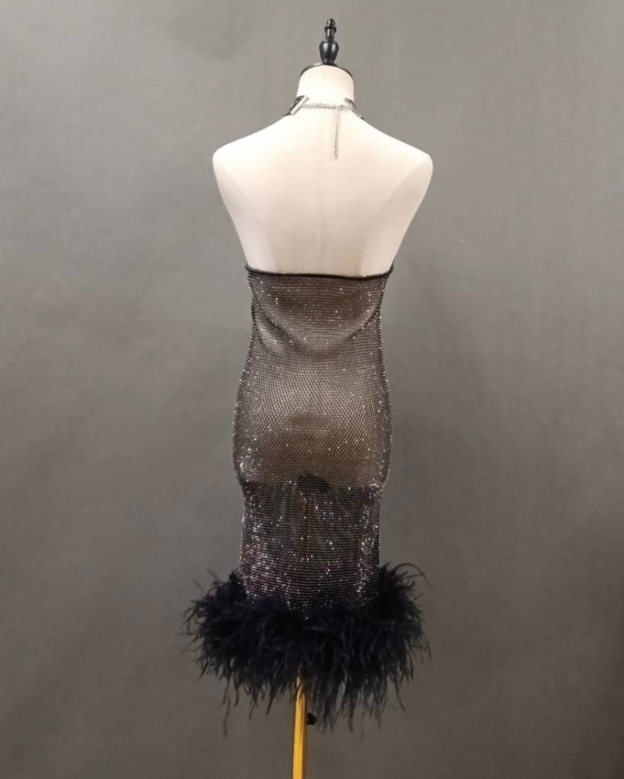 Inaya Rhinestone Mesh Halter Midi Dress with Feather Trim - Ever Chic Fashions