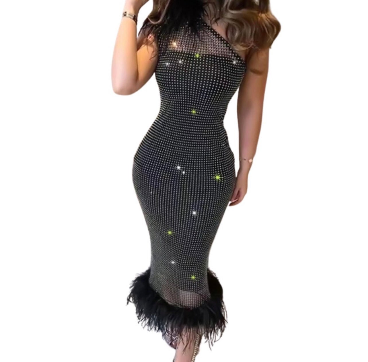 Janae One Shoulder Rhinestone Mesh Midi Dress with Feather Trim - Ever Chic Fashions
