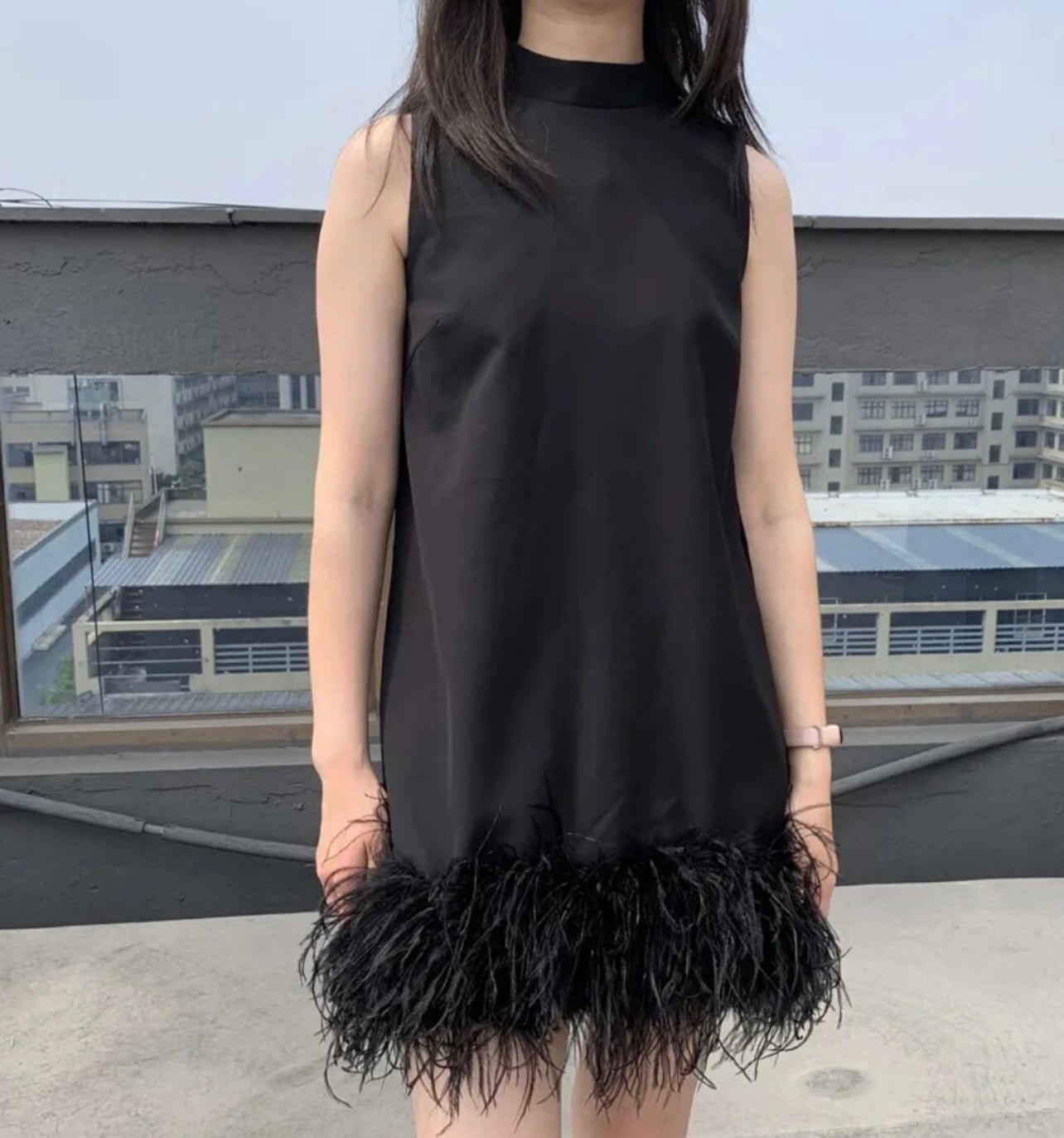 Keely Sleeveless Chiffon A Line Mini Dress with Feather Trim - Ever Chic Fashions