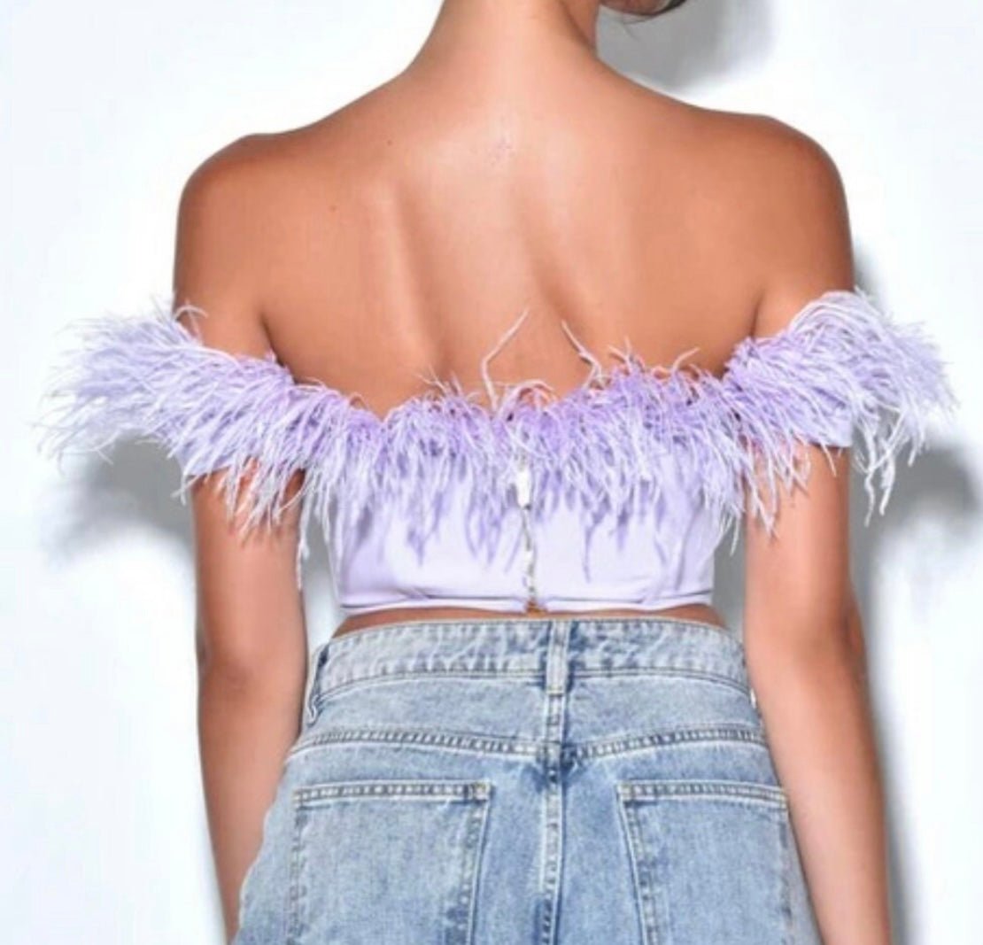 Lana Off Shoulder Feather Trim Corset Crop Top - Ever Chic Fashions