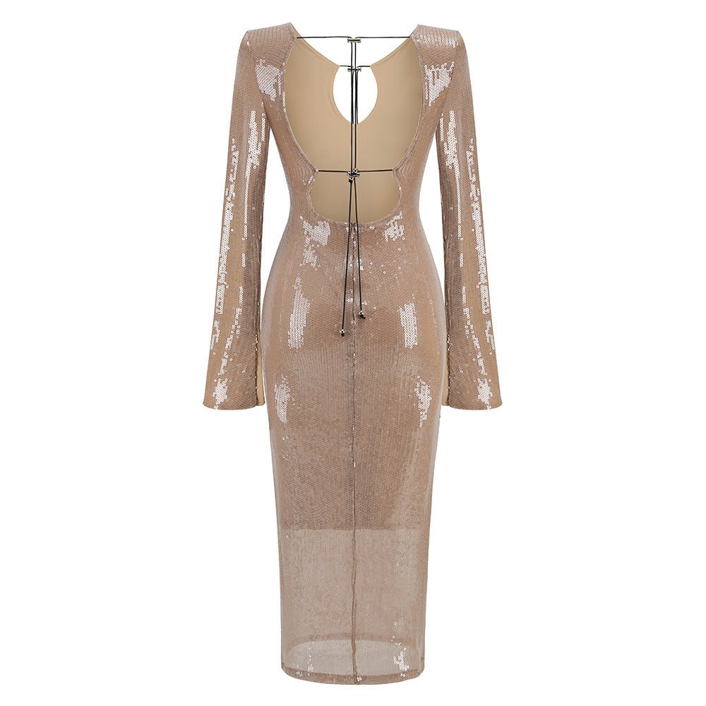 Lola Liquid Sequin Midi Dress with Tie Cutout Back - Ever Chic Fashions